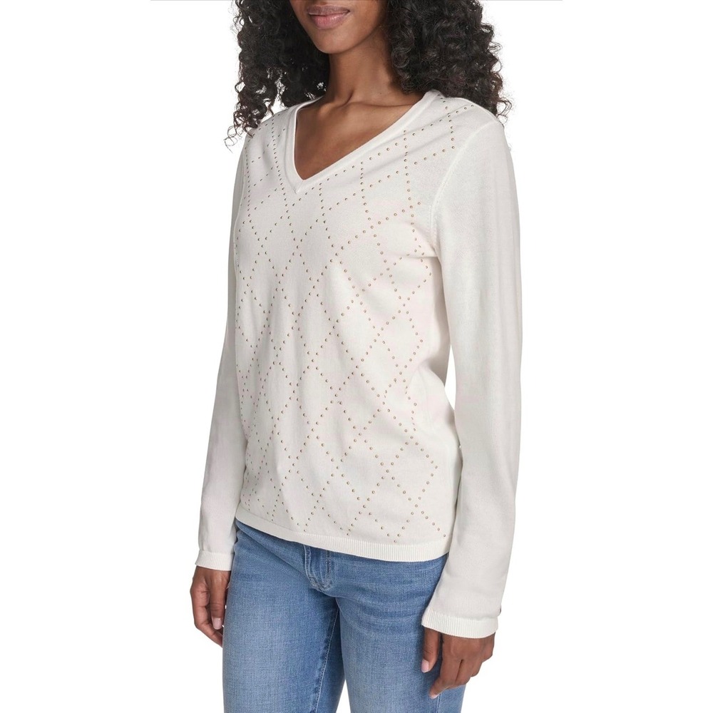 Tommy Hilfiger Womens White V-Neck Studded Argyle Cotton Knit Sweater Size M